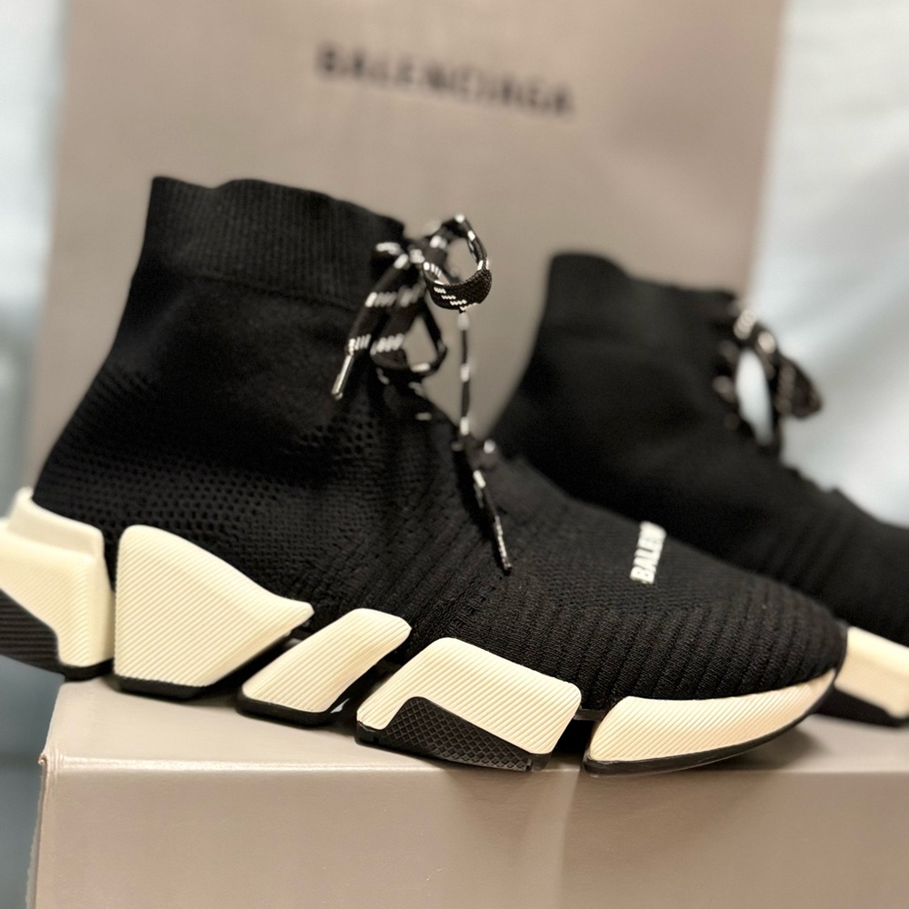 Balenciaga Black and White Speed 2.0 Lace Up Sneakers